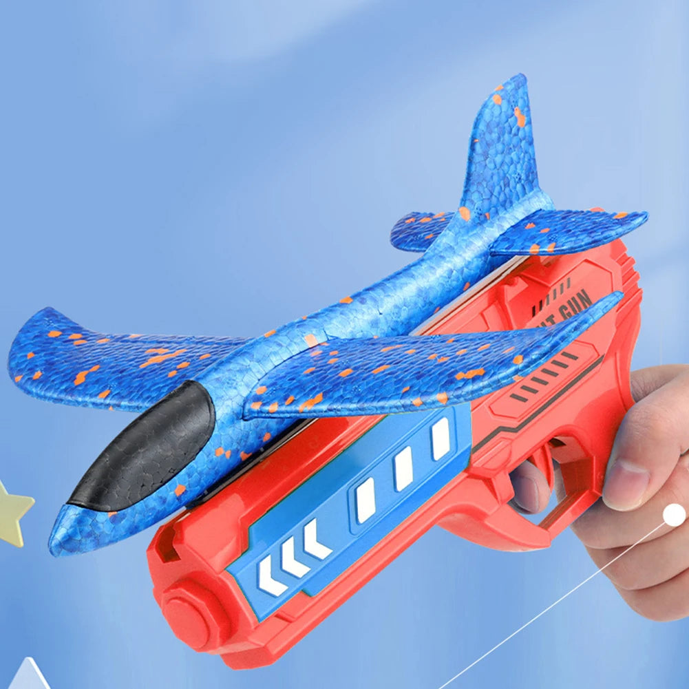 Glowing Foam Aircraft 10m Launcher Catapult  Aircraft Gun Toy Children's Outdoor Game Bubble Model Shooting Flying Plane