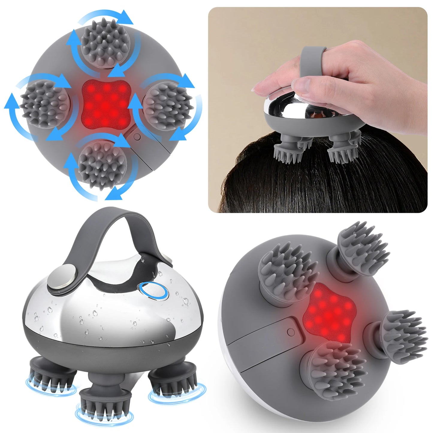 Electric Scalp Massager with 8 Silicone Massage Heads Scalp Kneading Vibrating Device IPX7 Waterproof for Body Relaxation