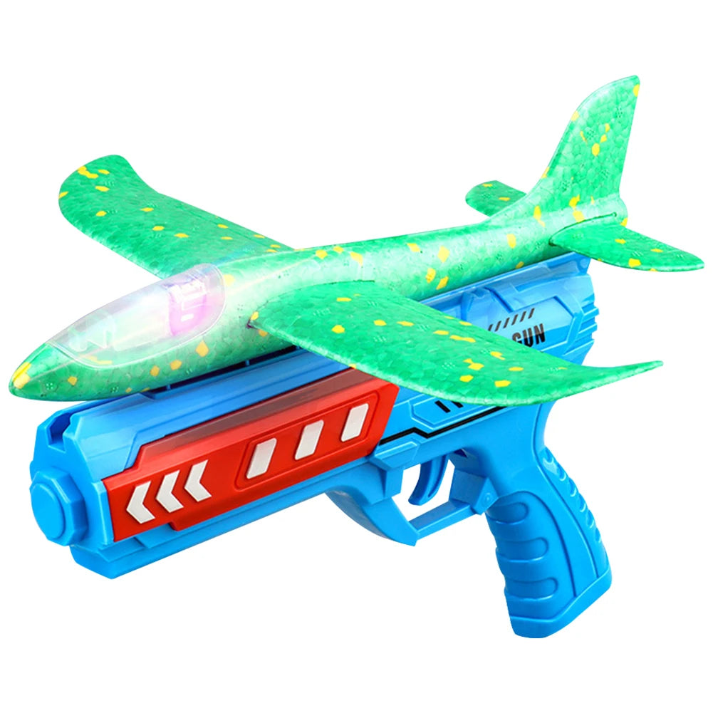 Glowing Foam Aircraft 10m Launcher Catapult  Aircraft Gun Toy Children's Outdoor Game Bubble Model Shooting Flying Plane