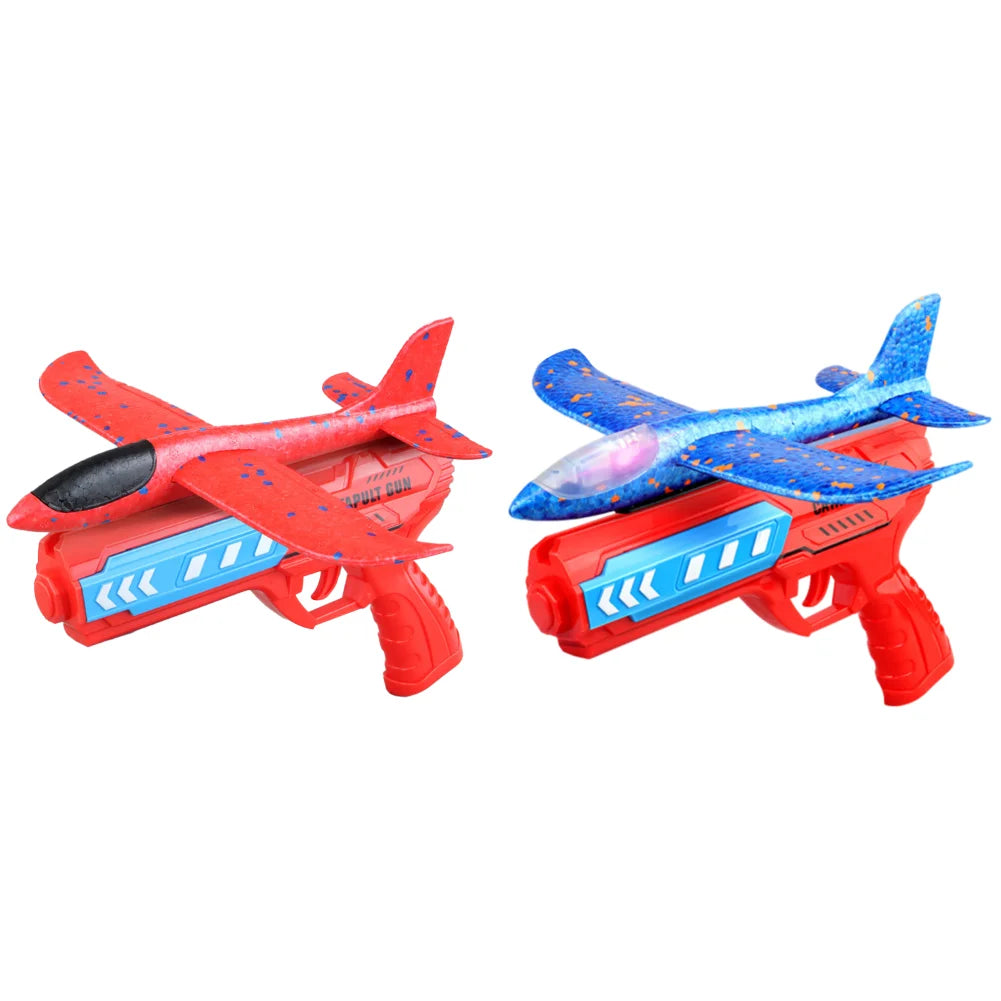 Glowing Foam Aircraft 10m Launcher Catapult  Aircraft Gun Toy Children's Outdoor Game Bubble Model Shooting Flying Plane