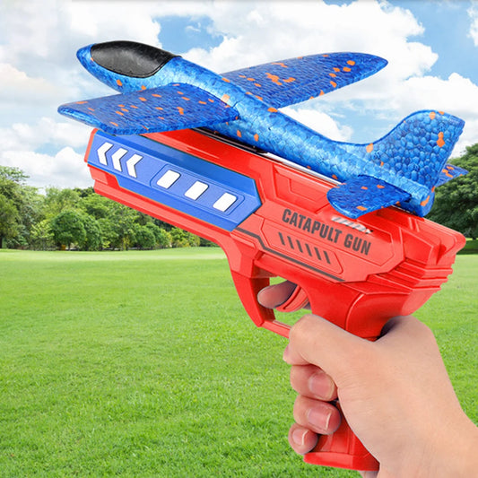 Glowing Foam Aircraft 10m Launcher Catapult  Aircraft Gun Toy Children's Outdoor Game Bubble Model Shooting Flying Plane