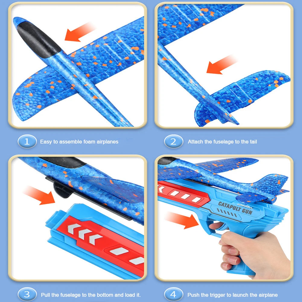 Glowing Foam Aircraft 10m Launcher Catapult  Aircraft Gun Toy Children's Outdoor Game Bubble Model Shooting Flying Plane