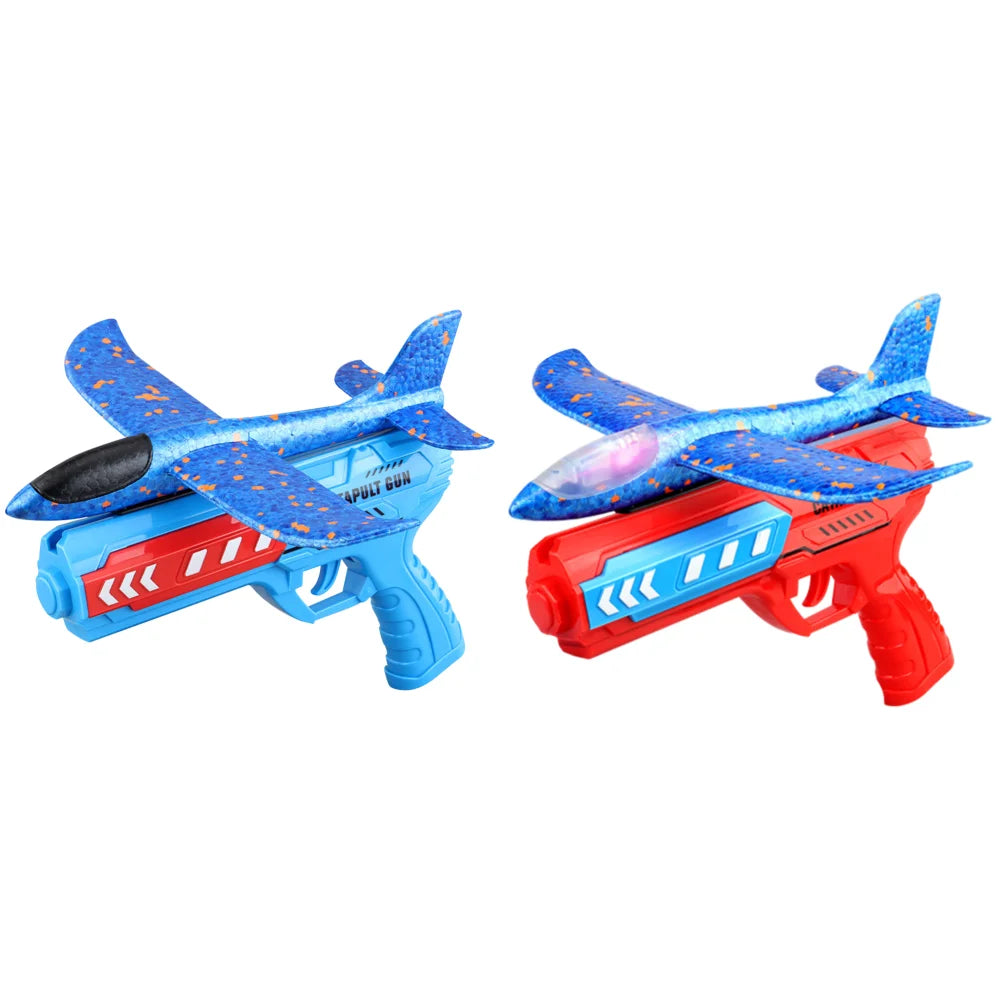 Glowing Foam Aircraft 10m Launcher Catapult  Aircraft Gun Toy Children's Outdoor Game Bubble Model Shooting Flying Plane