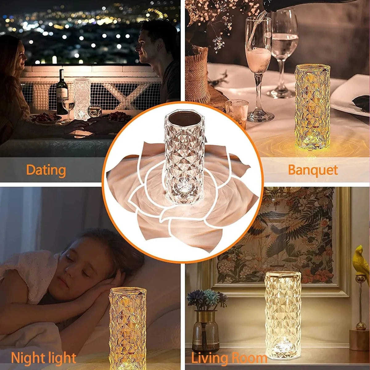 Rotatable Crystal Diamond Table Lamp Rechargeable Acrylic Bedroom Bedside Ambiance Lamp Rose Decorative Lamp Touch Creative Night Lights