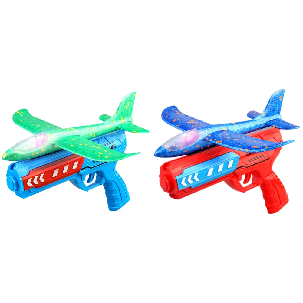 Glowing Foam Aircraft 10m Launcher Catapult  Aircraft Gun Toy Children's Outdoor Game Bubble Model Shooting Flying Plane